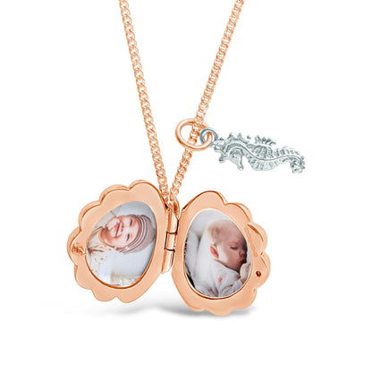 inside rose gold shell locket and silver seahorse charm with 2 photos fitted