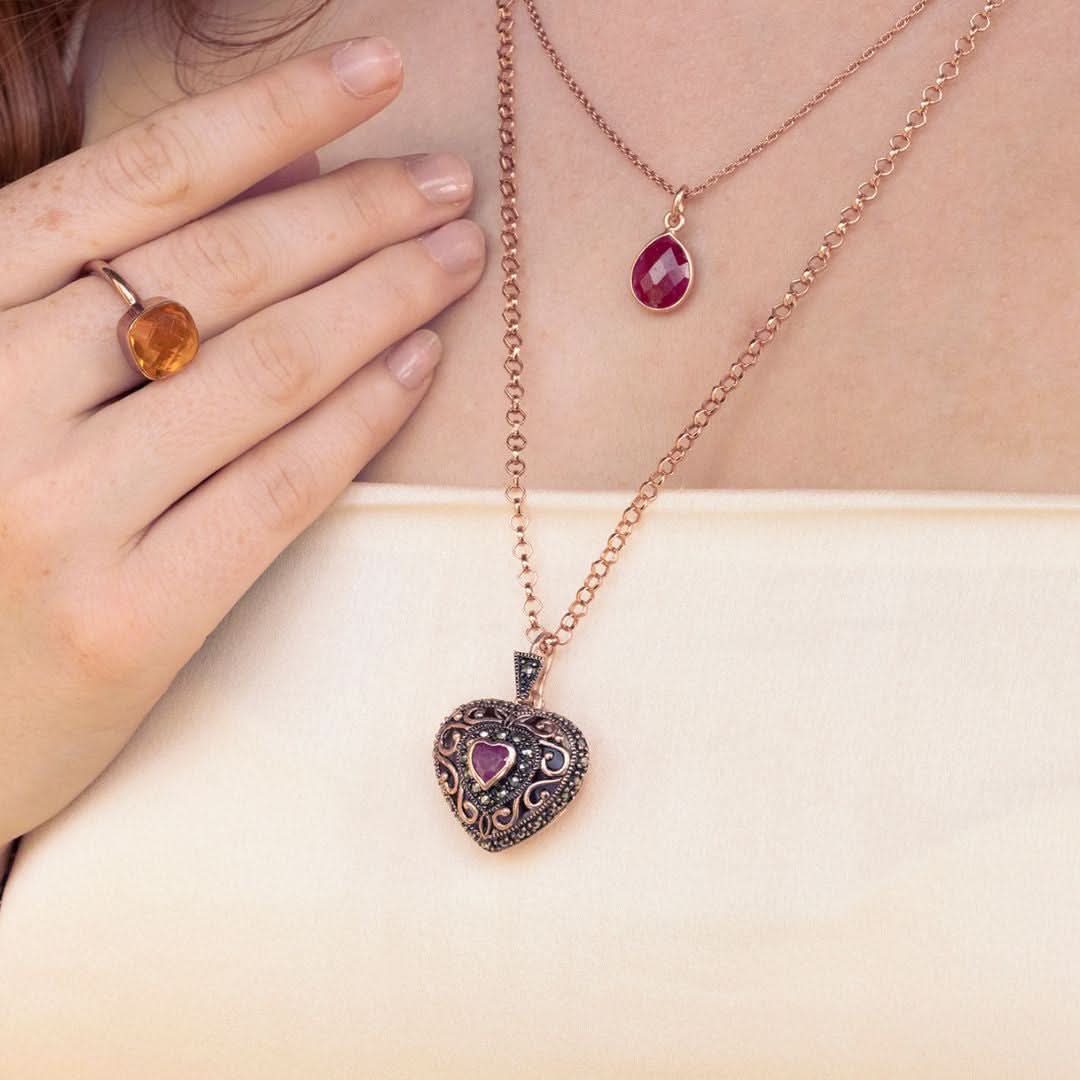 genuine ruby locket necklace with matching ruby charm pendant