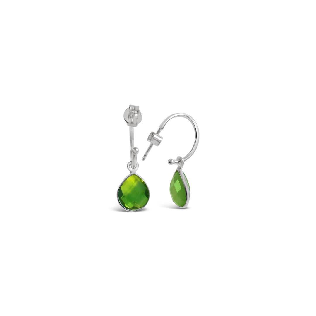 peridot drop hoop earrings in silver on a white background