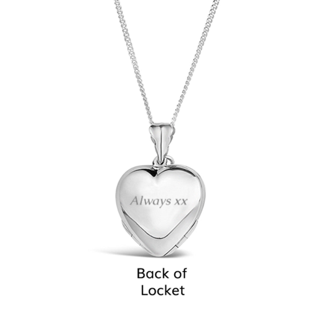 back of four photo heart locket in silver engraved with message