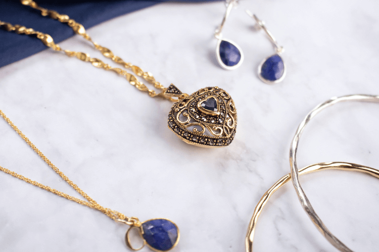 sapphire locket, necklace and earrings