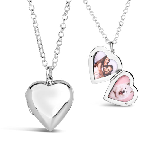 large two photo heart locket in silver on a belcher chain on a white background