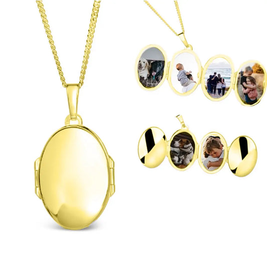 Gold oval locket necklace on a gold chain, displayed closed and opened to show six photo compartments for personalised pictures.