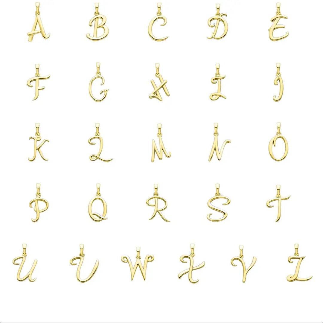Solid gold alphabet initial necklaces A to Z, personalised letter pendants on fine chains, luxury gift jewellery