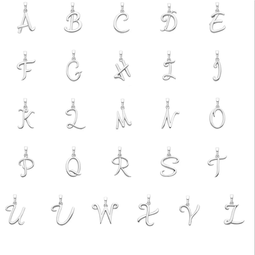 Sterling silver initial pendant necklace alphabet collection A to Z, polished letter charms on white background