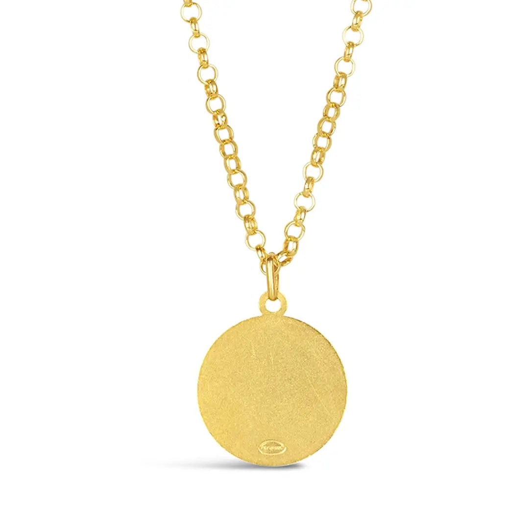 Gold vermeil round St Christopher pendant necklace with brushed plain back on fine chain, white background