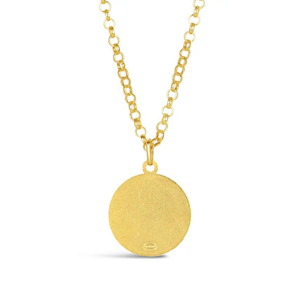Gold vermeil round St Christopher pendant necklace with brushed plain back on fine chain, white background