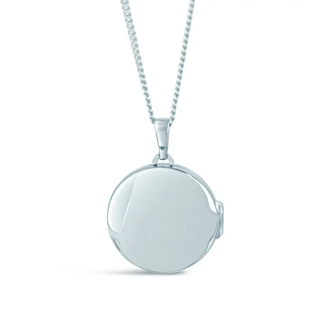 Sterling silver round locket necklace on a fine chain showing smooth polished back on a white background