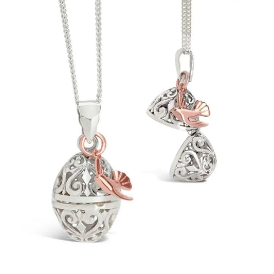 Sterling silver filigree photo locket with rose gold dove charm, open and closed views, personalised keepsake necklace