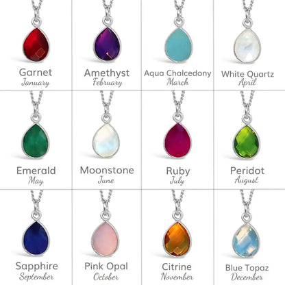 Birthstone jewellery chart showing gemstones by month including garnet, amethyst, aquamarine, emerald, ruby and peridot