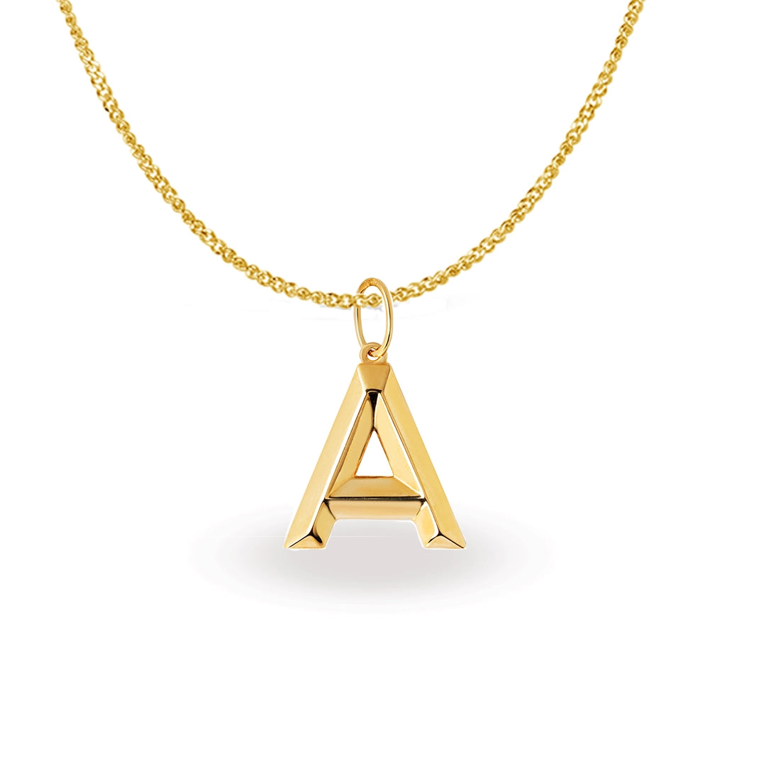 Large solid 9ct gold block letter A initial necklace on a gold curb chain, white background

