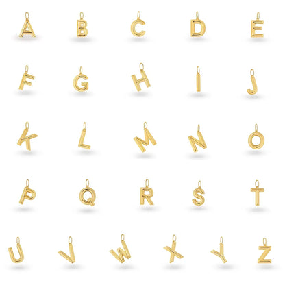 Collection of polished solid 9ct gold alphabet letter charms from A to Z, displayed individually on a white background. Each three-dimensional initial pendant features a modern block font with a polished finish and a small loop for attaching to a necklace or bracelet.