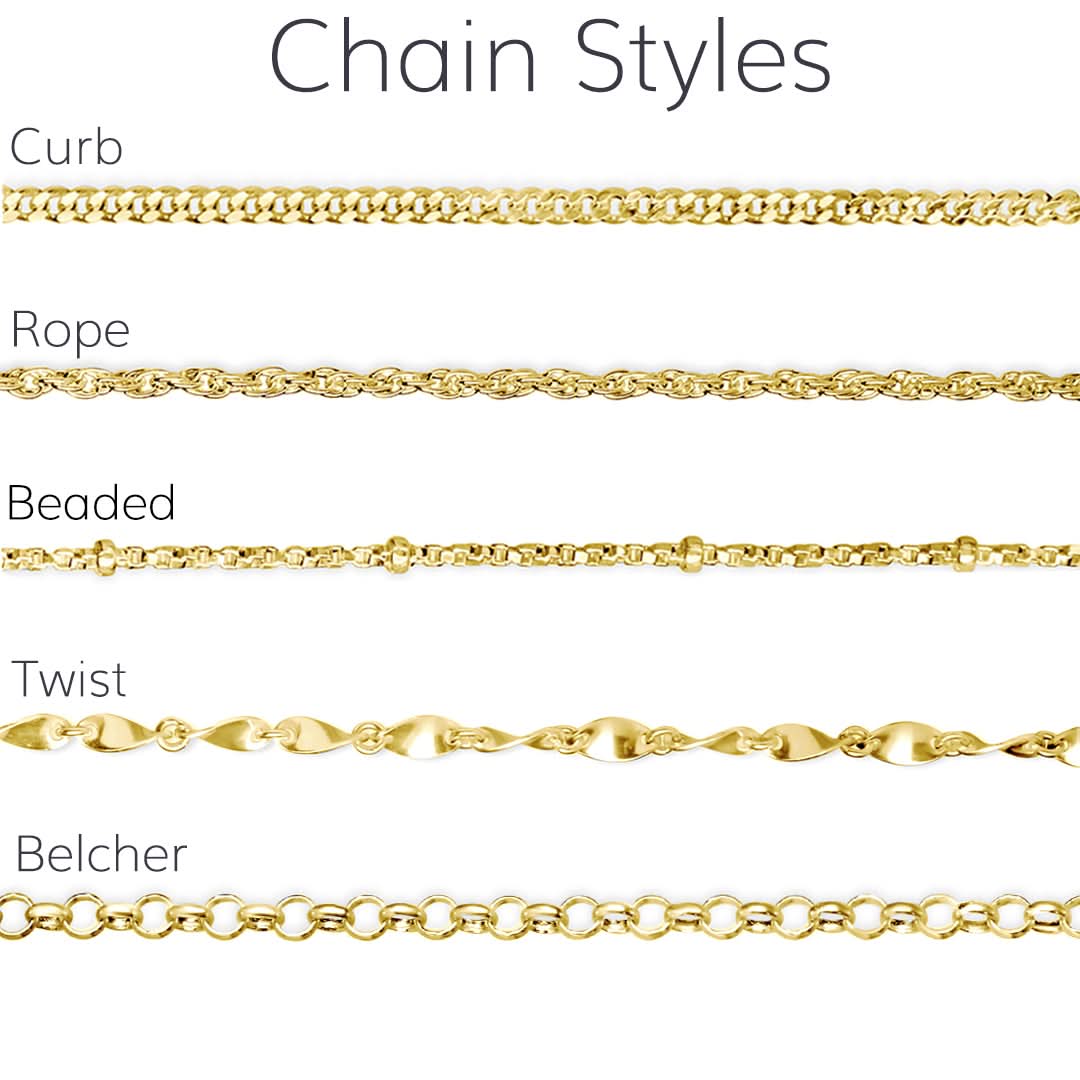 Lily Blanche chain styles in gold, curb, rope, beaded, twist and belcher chain, necklace chain types chart