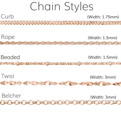 Comparison of different chain styles with their widths on a white background