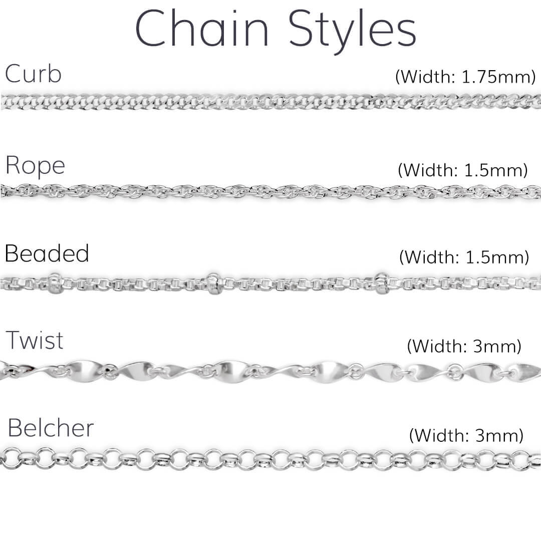 Silver necklace chain styles including curb, rope, beaded, twist and belcher chains with labelled widths.