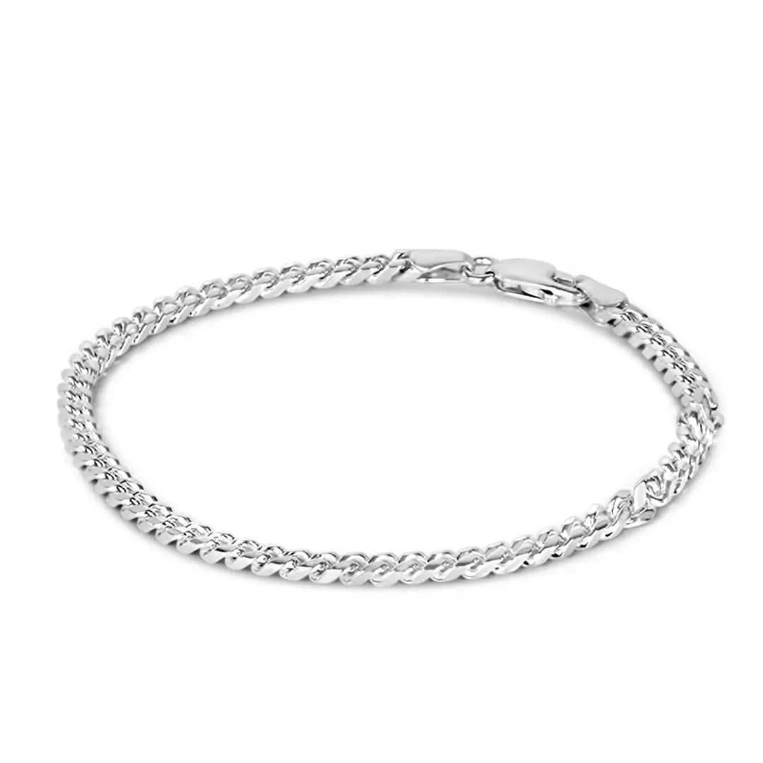 Sterling silver Cuban link bracelet with polished finish and secure clasp on white background