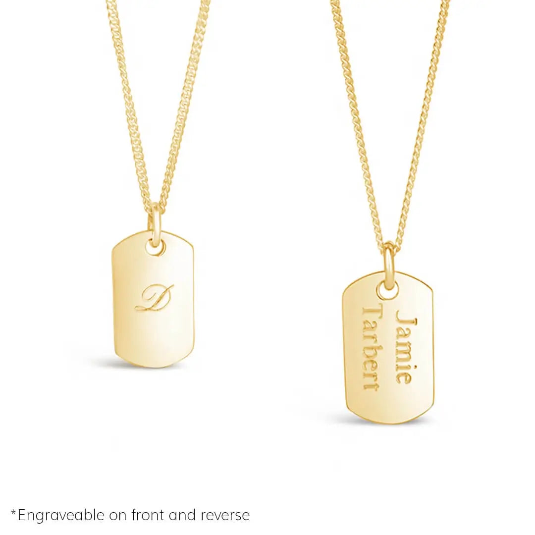 Gold dog tag pendant necklace showing front initial engraving and reverse personalised name engraving on a belcher chain with note “engraveable on front and reverse”