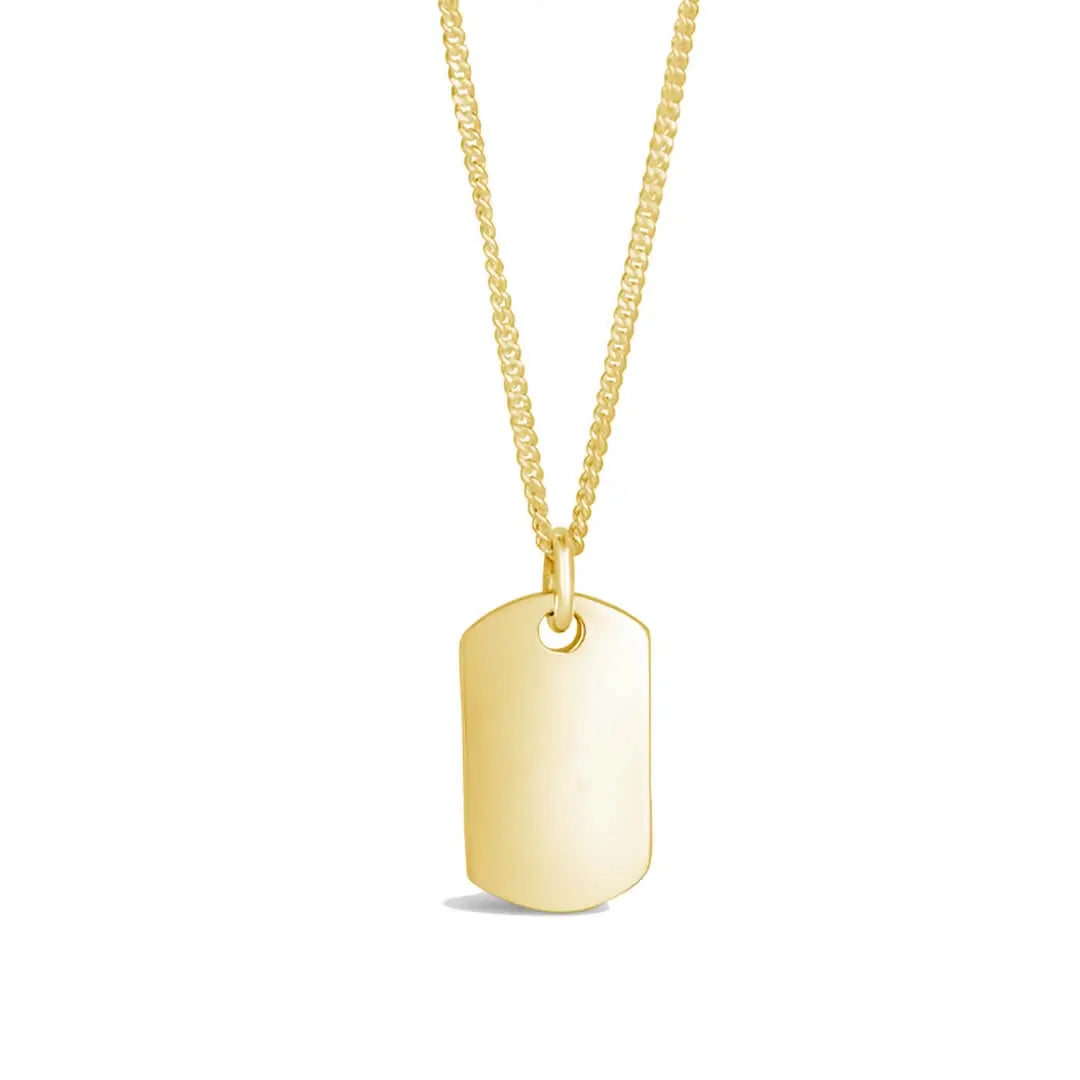 Front-facing product image of a polished gold dog tag pendant necklace on a belcher chain with a smooth blank surface