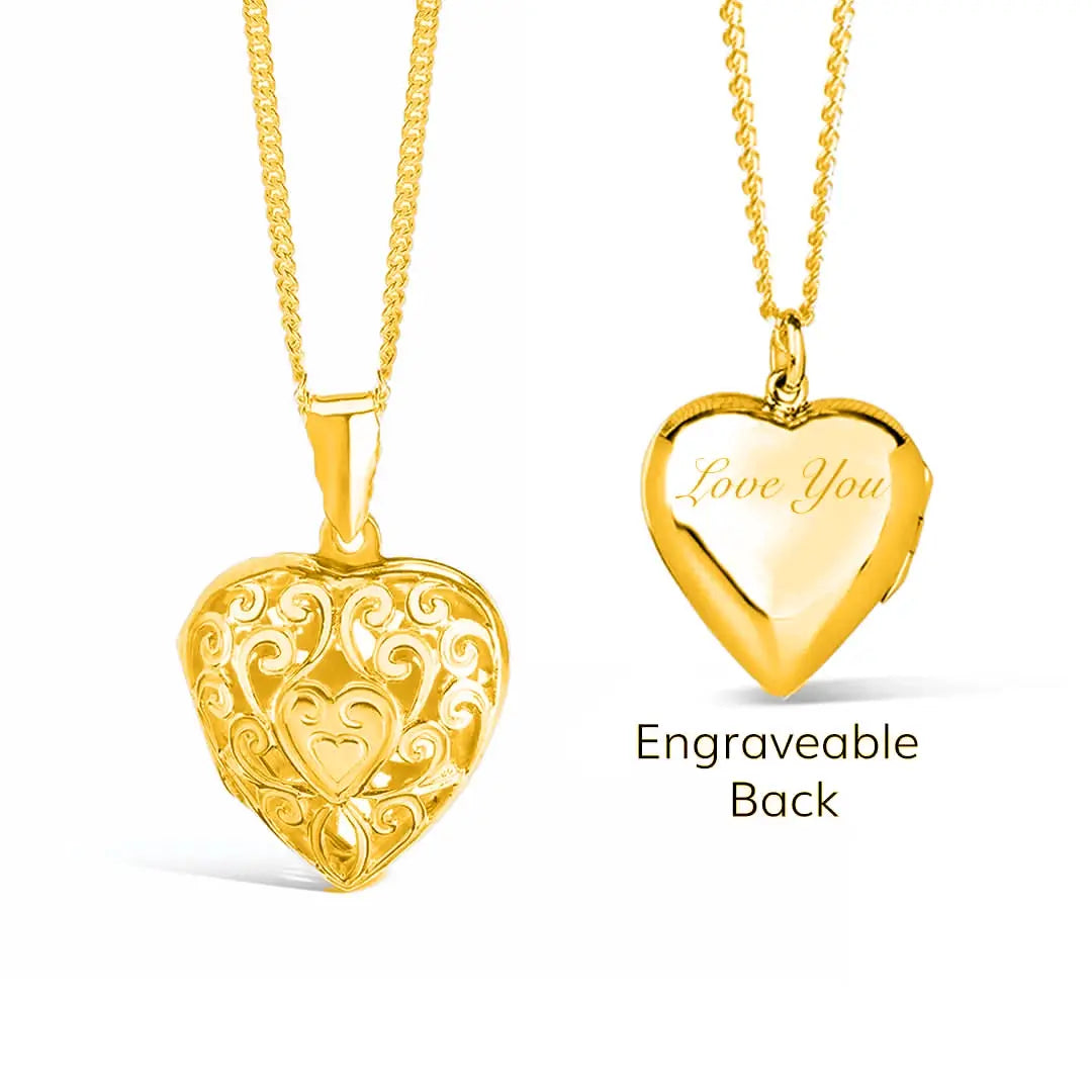 Gold filigree heart locket necklace with engravable back and ornate front design