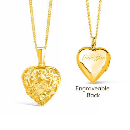 Gold filigree heart locket necklace with engravable back and ornate front design