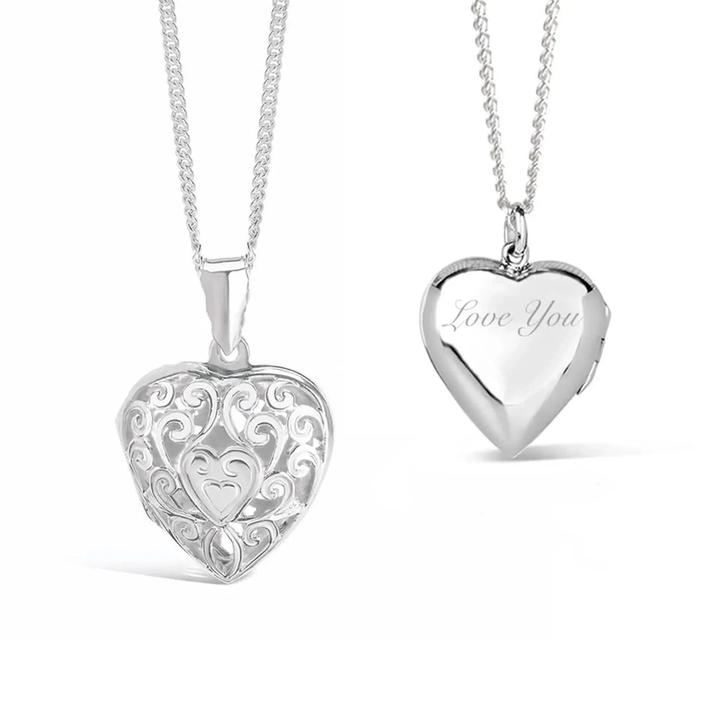 Front and back views of a sterling silver filigree heart locket necklace. The front features an intricate openwork scroll design with a small heart at the centre, while the back is polished and engraved with the words "Love You". The locket hangs from a sterling silver chain against a white background.