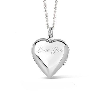 Back view of a sterling silver heart locket necklace with a highly polished finish engraved with the words "Love You" in a script font. The heart-shaped locket hangs from a sterling silver chain against a white background.