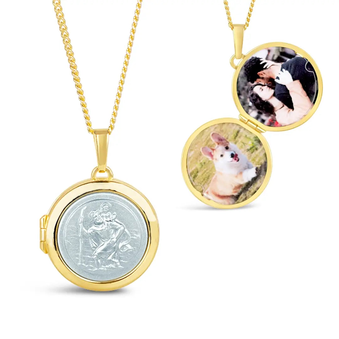 Gold St Christopher locket necklace showing silver St Christopher front and open interior with two personalised photo inserts