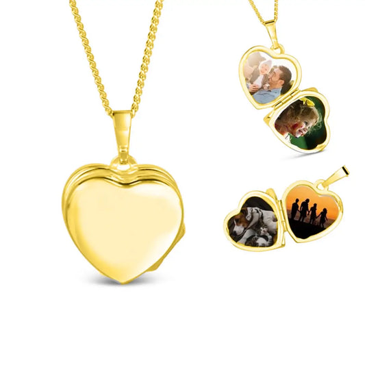 Gold heart locket necklace on a gold chain, shown closed and opened to reveal four personalised photo compartments inside the locket.
