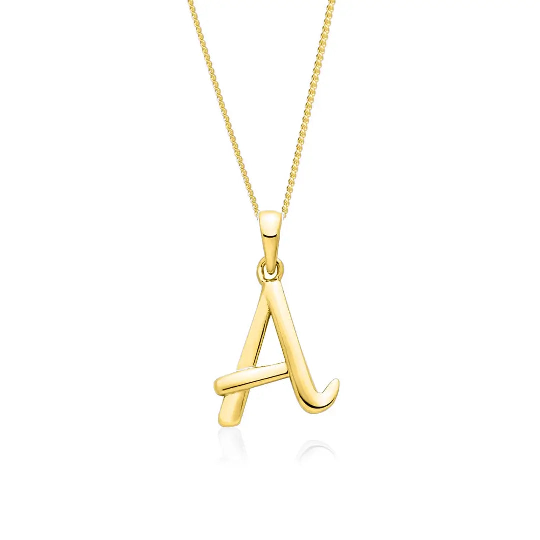Solid gold initial A pendant necklace on fine chain, polished finish on white background