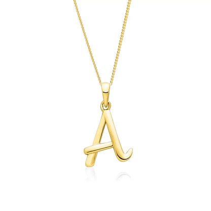 Solid gold initial A pendant necklace on fine chain, polished finish on white background