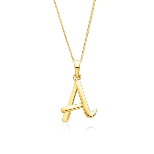 Solid gold initial A pendant necklace on fine chain, polished finish on white background