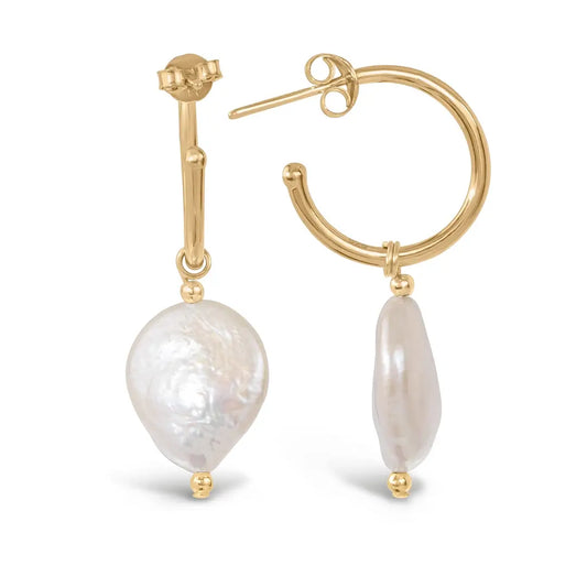Gold hoop earrings with coin pearl drops, front view showing natural freshwater pearl shape