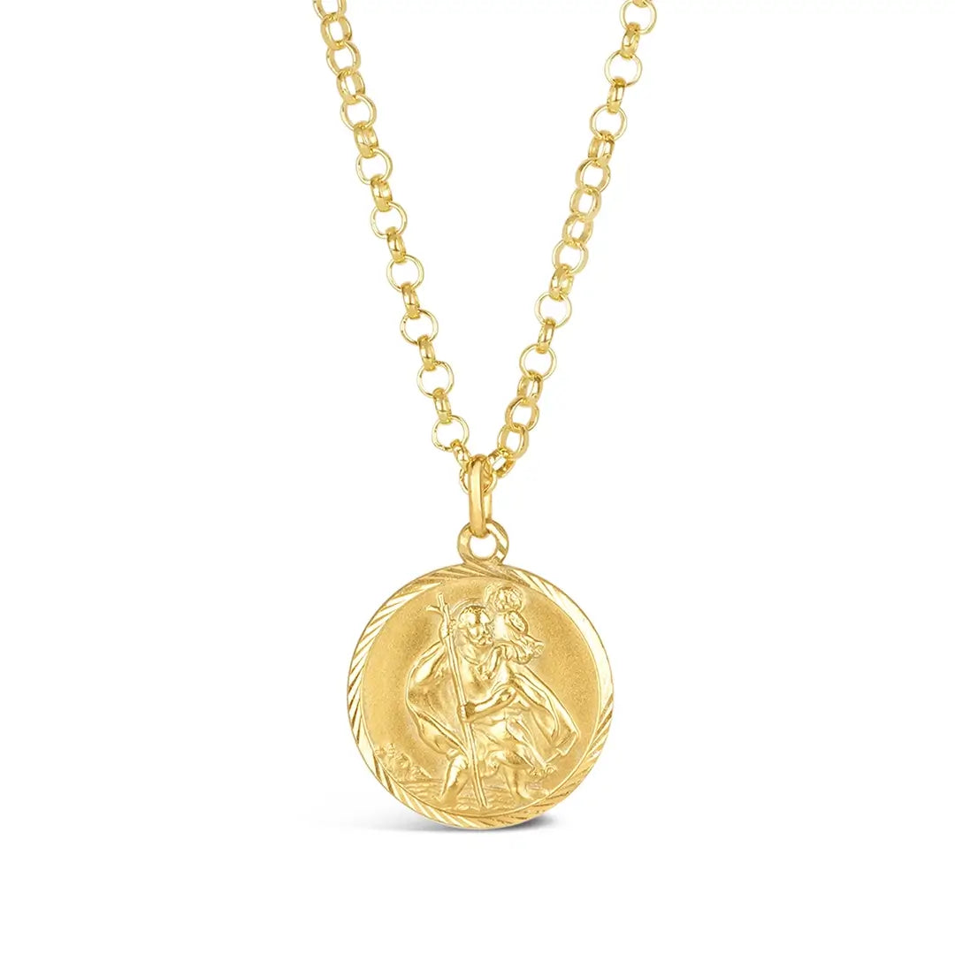 Gold vermeil St Christopher coin pendant necklace with detailed embossed design on fine chain, white background