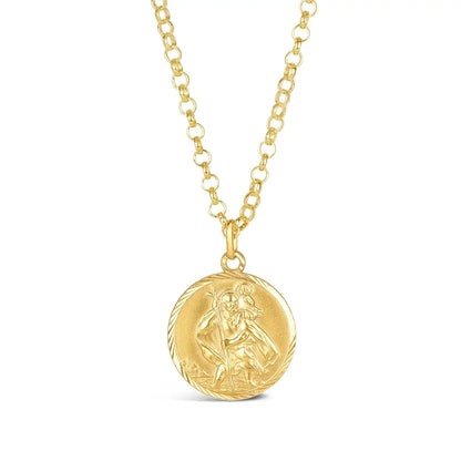 Gold vermeil St Christopher coin pendant necklace with detailed embossed design on fine chain, white background