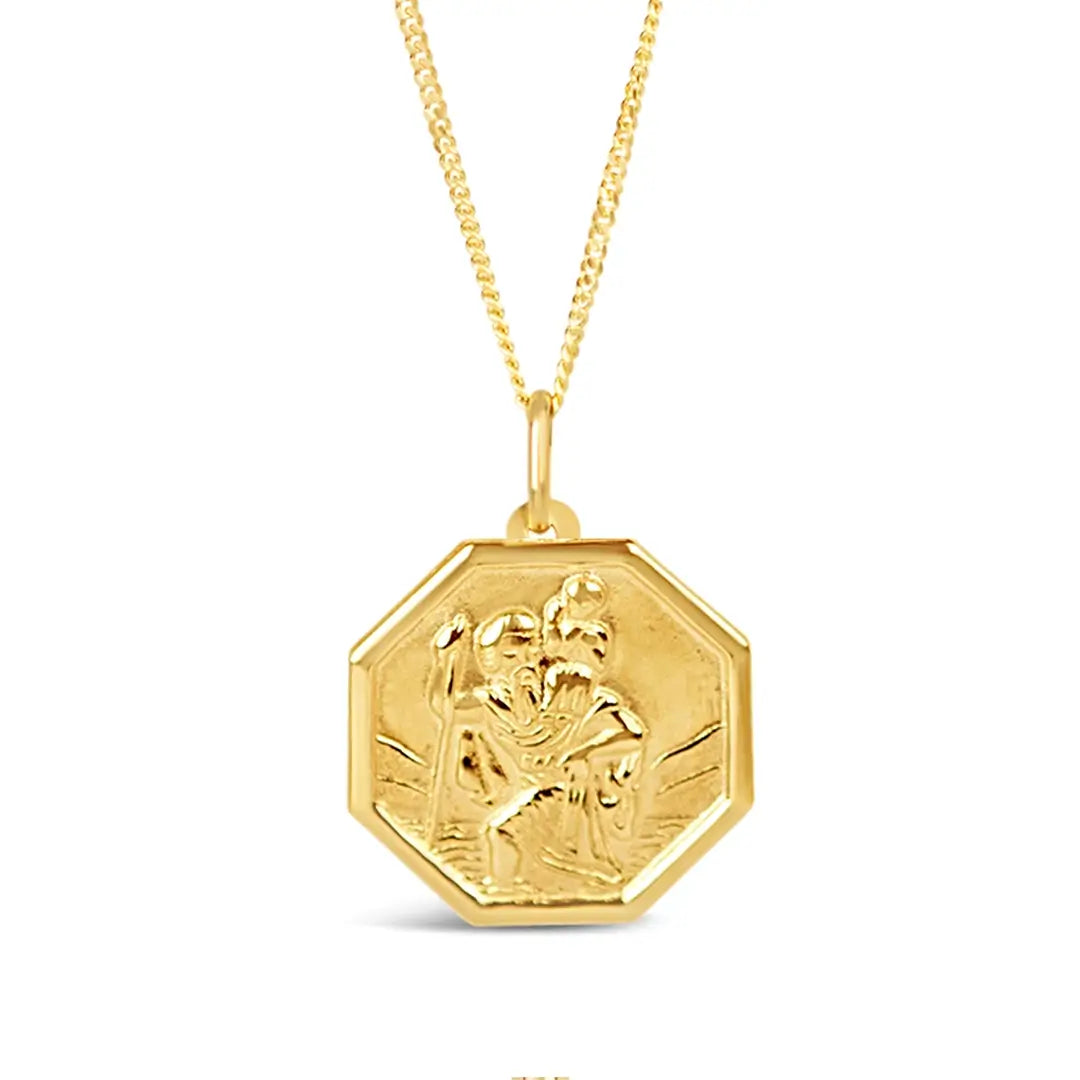 Gold vermeil hexagon St Christopher pendant necklace with detailed embossed design on fine chain, white background
