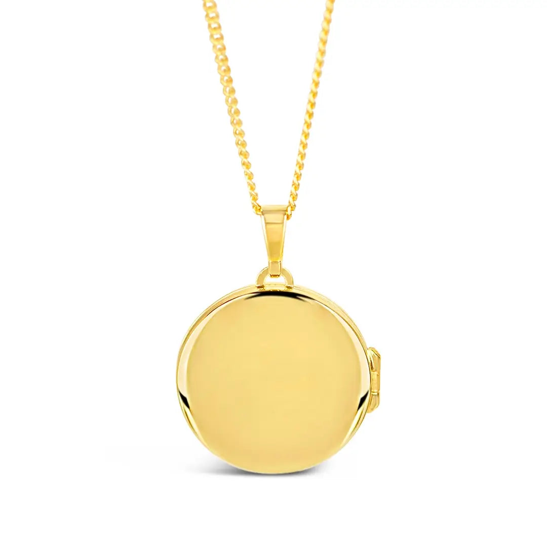 Polished gold St Christopher locket necklace showing smooth, engravable back on a fine gold chain