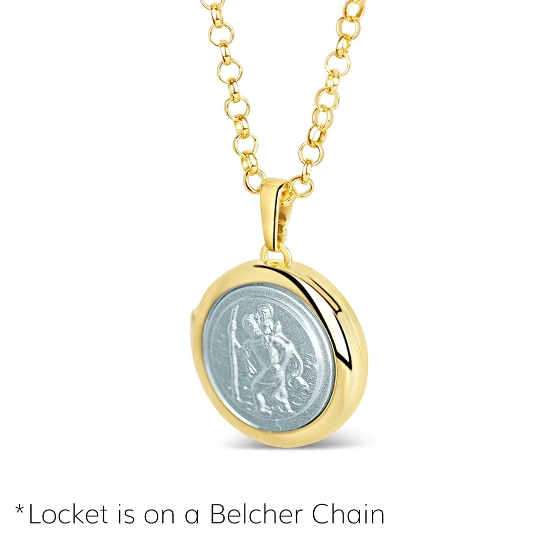 Angled side view of gold St Christopher locket showing thickness and hinge detail on a belcher chain