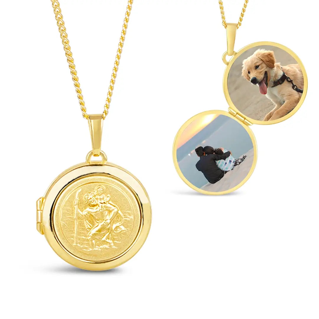 Gold St Christopher locket pendant necklace shown closed and open, revealing two personalised photos inside on a belcher chain