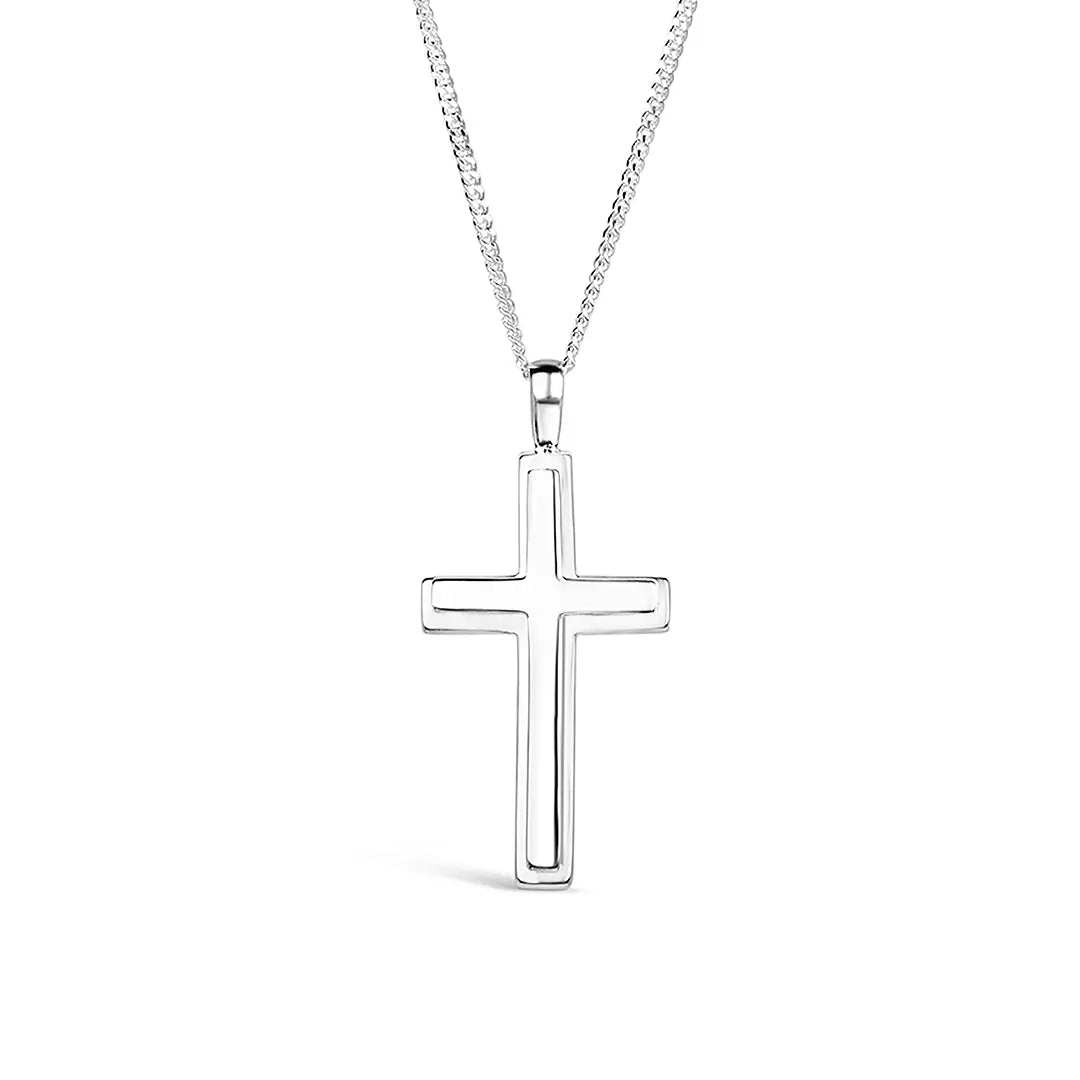 Sterling silver cross pendant necklace on chain, classic jewellery gift with polished finish on white background by Lily Blanche.