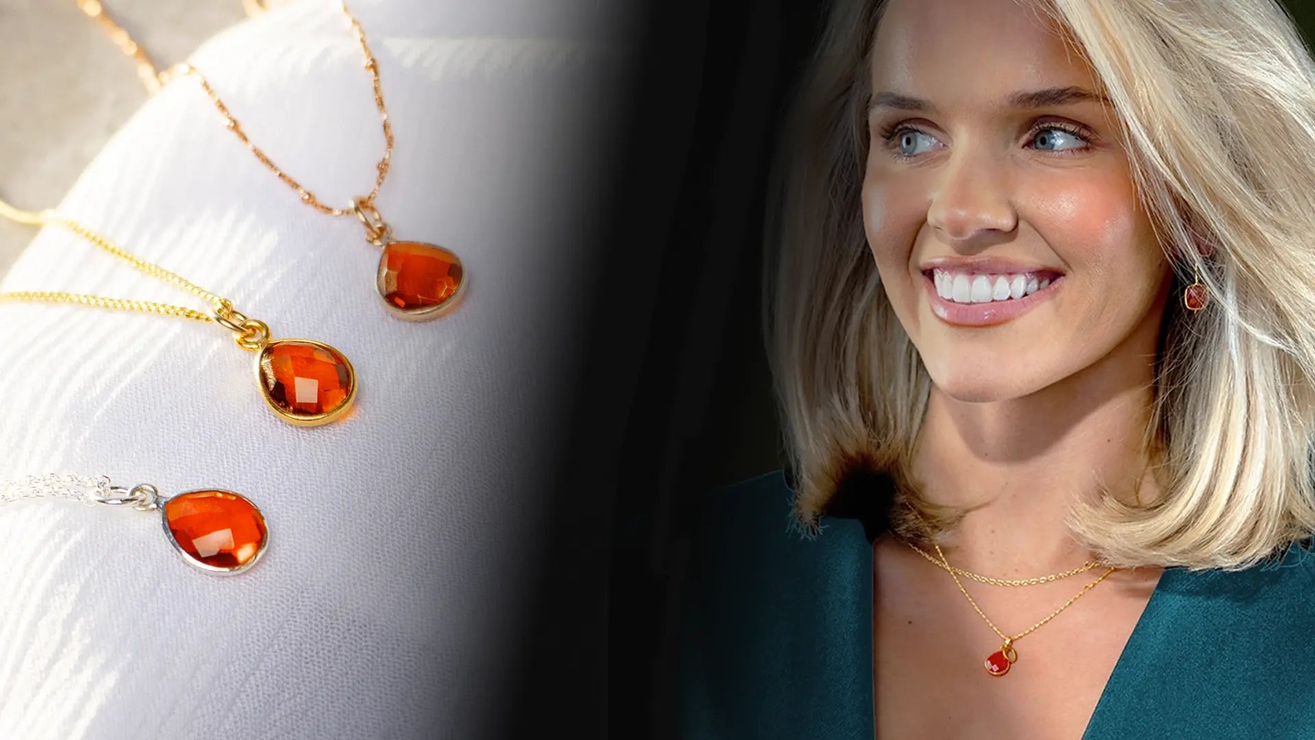 Model wearing Lily Blanche carnelian pendant necklace in gold — Carnelian Dreams collection
