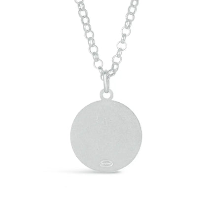 Back view of a round sterling silver coin pendant necklace on a belcher chain, showing a smooth polished surface