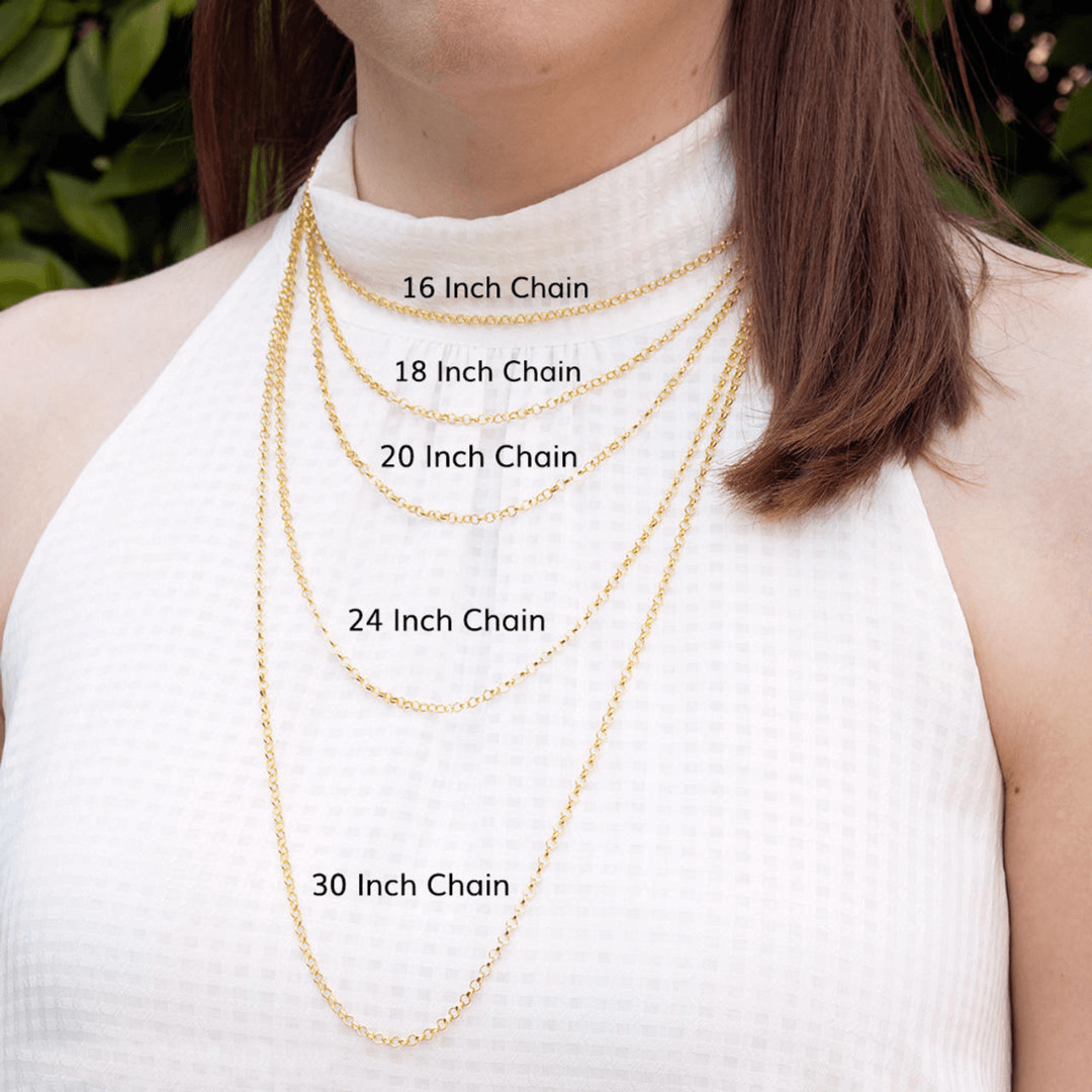 model wearing five different chain length options, 16 inch, 18 inch, 20 inch, 24 inch and 30 inch chains available