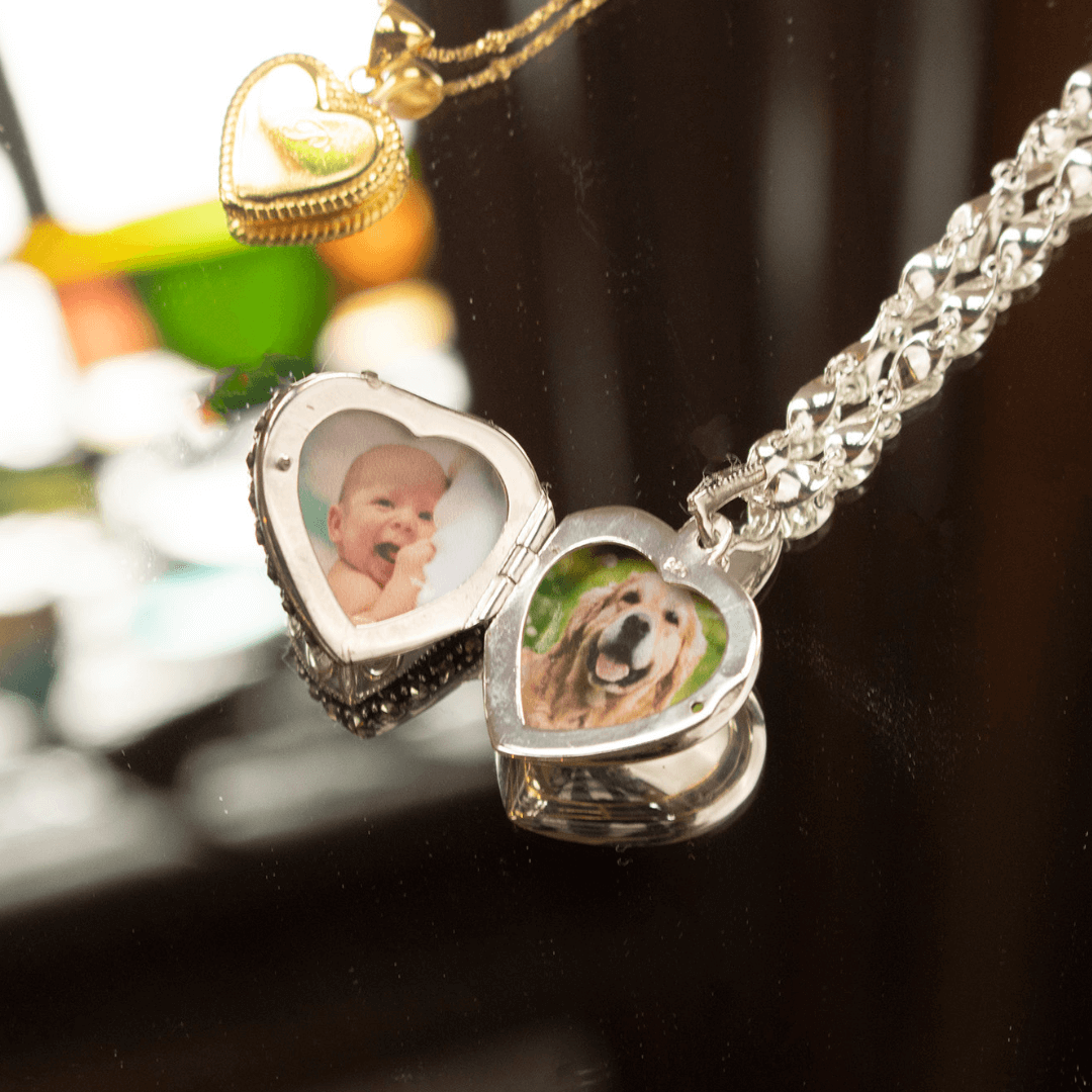Lily Blanche Vintage Heart Locket open with two photos 
