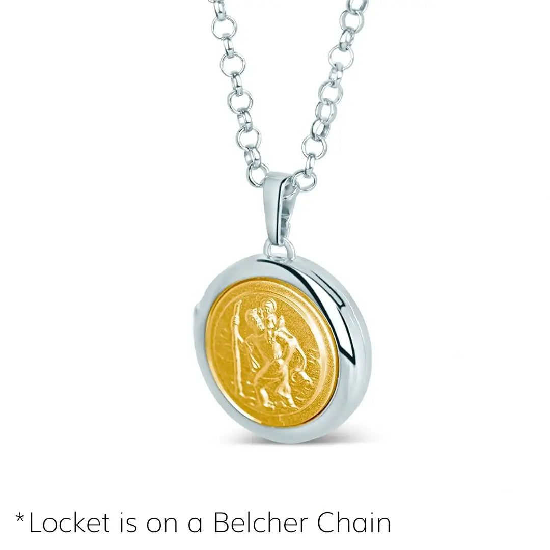 Two-tone silver and gold St Christopher locket pendant on belcher chain, round engraved traveller necklace