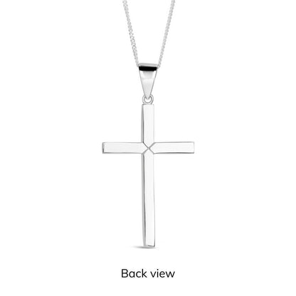 Silver cross pendant on a white background back view