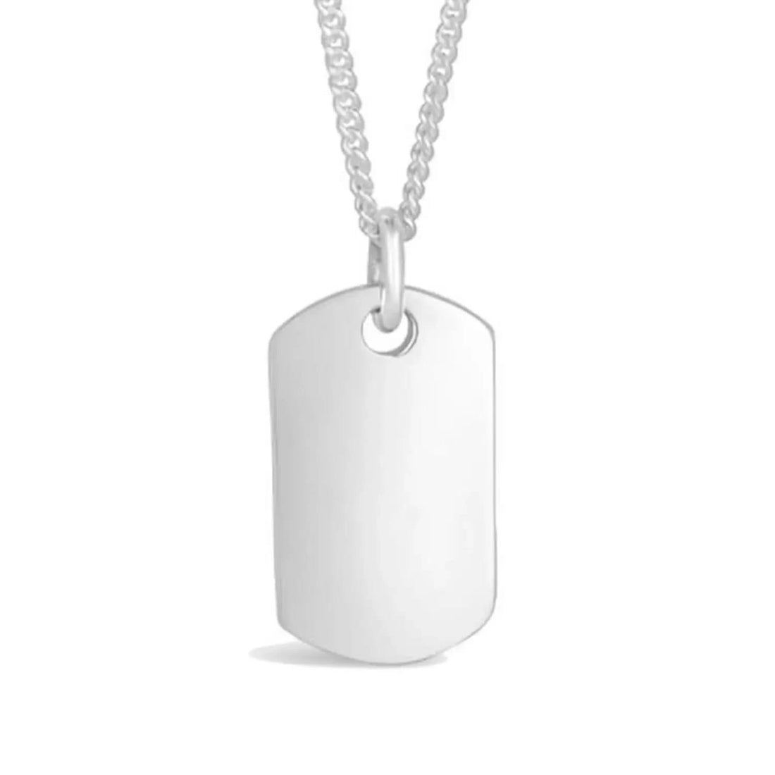 Men's engravable XL sterling silver dog tag necklace on a silver curb chain photographed on a white background