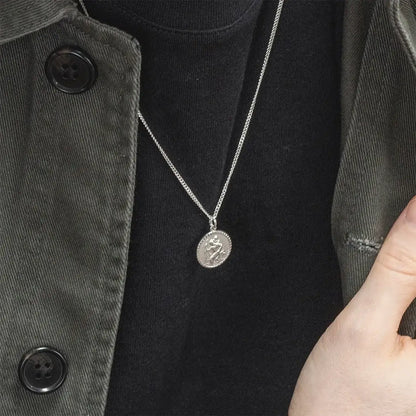 Men’s sterling silver St Christopher pendant necklace layered with chain, classic travel protection jewellery