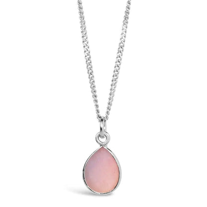 Pink opal teardrop pendant necklace in sterling silver, minimalist natural gemstone jewellery design