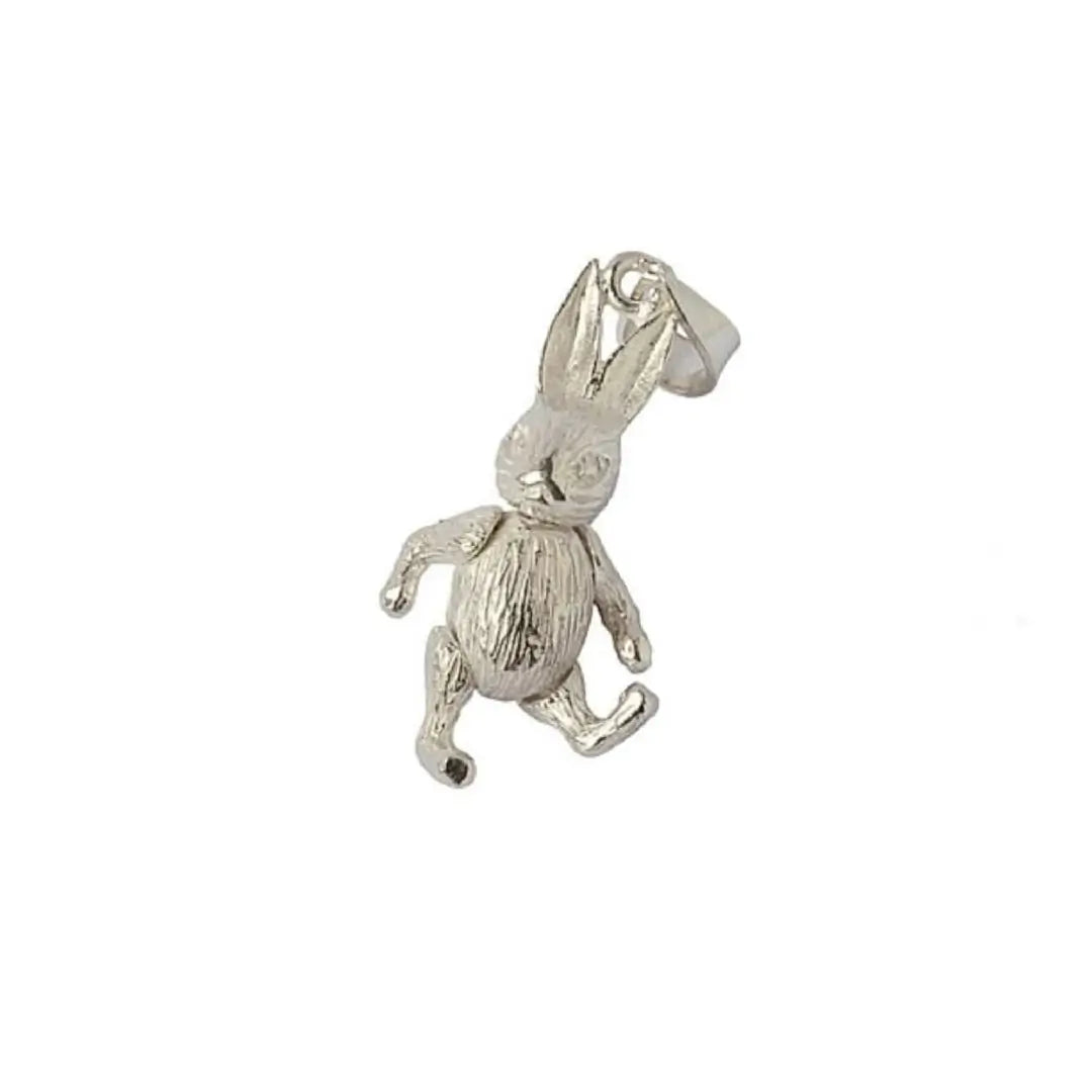Close-up of sterling silver rabbit charm pendant showing textured bunny detail and polished finish