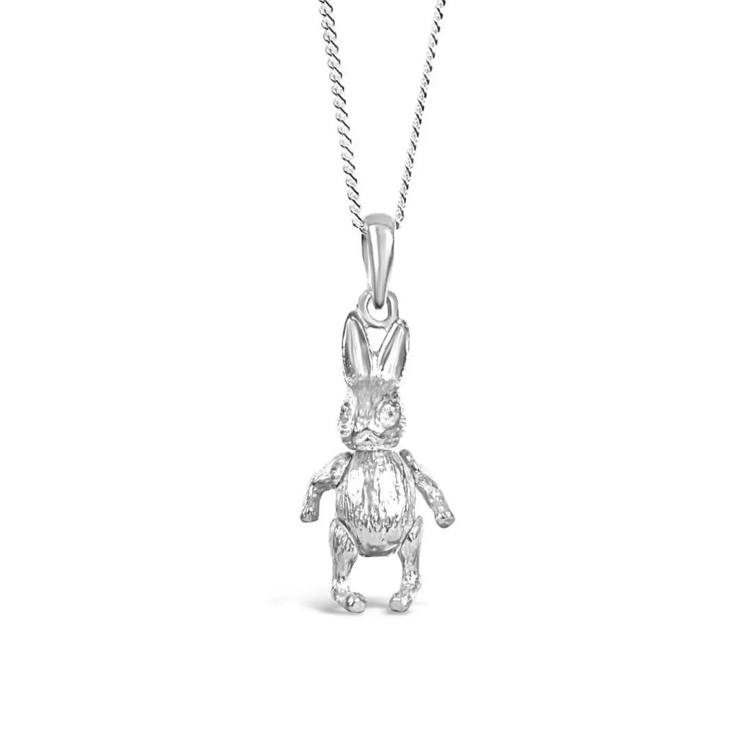 Sterling silver rabbit pendant necklace on fine chain, detailed bunny charm jewellery